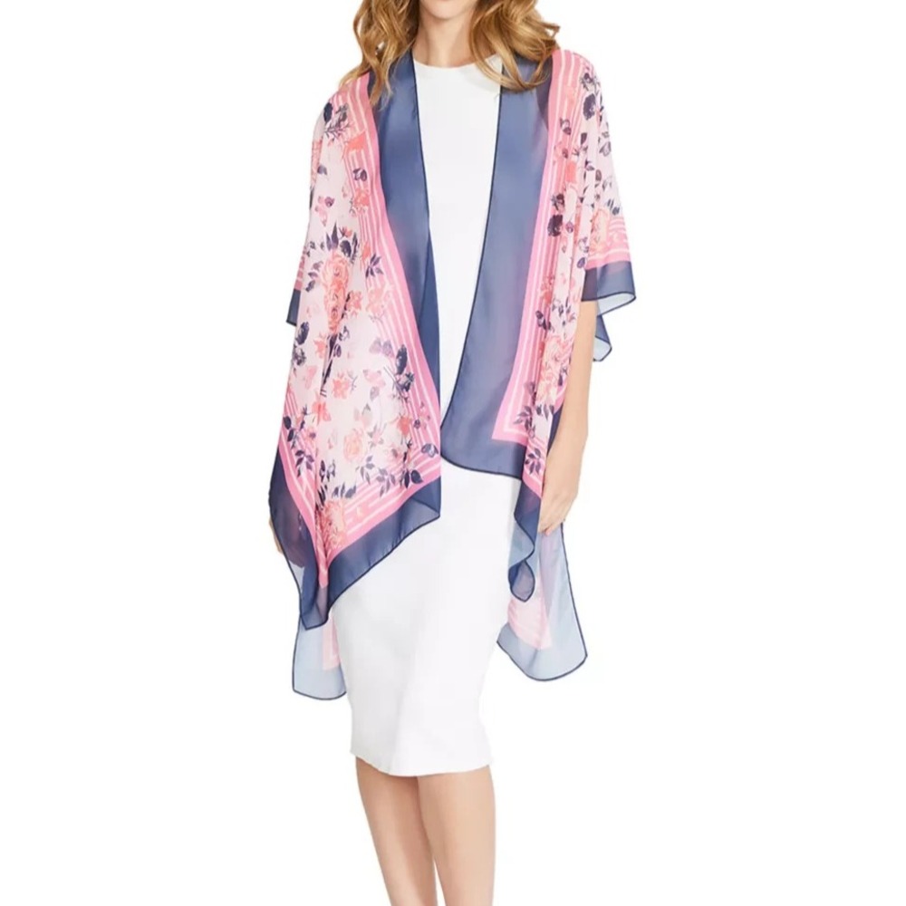 ANNE KLEIN Pink CHIFFON Floral & Stripes OPEN-FRONT Garden Topper Cardigan OSFM